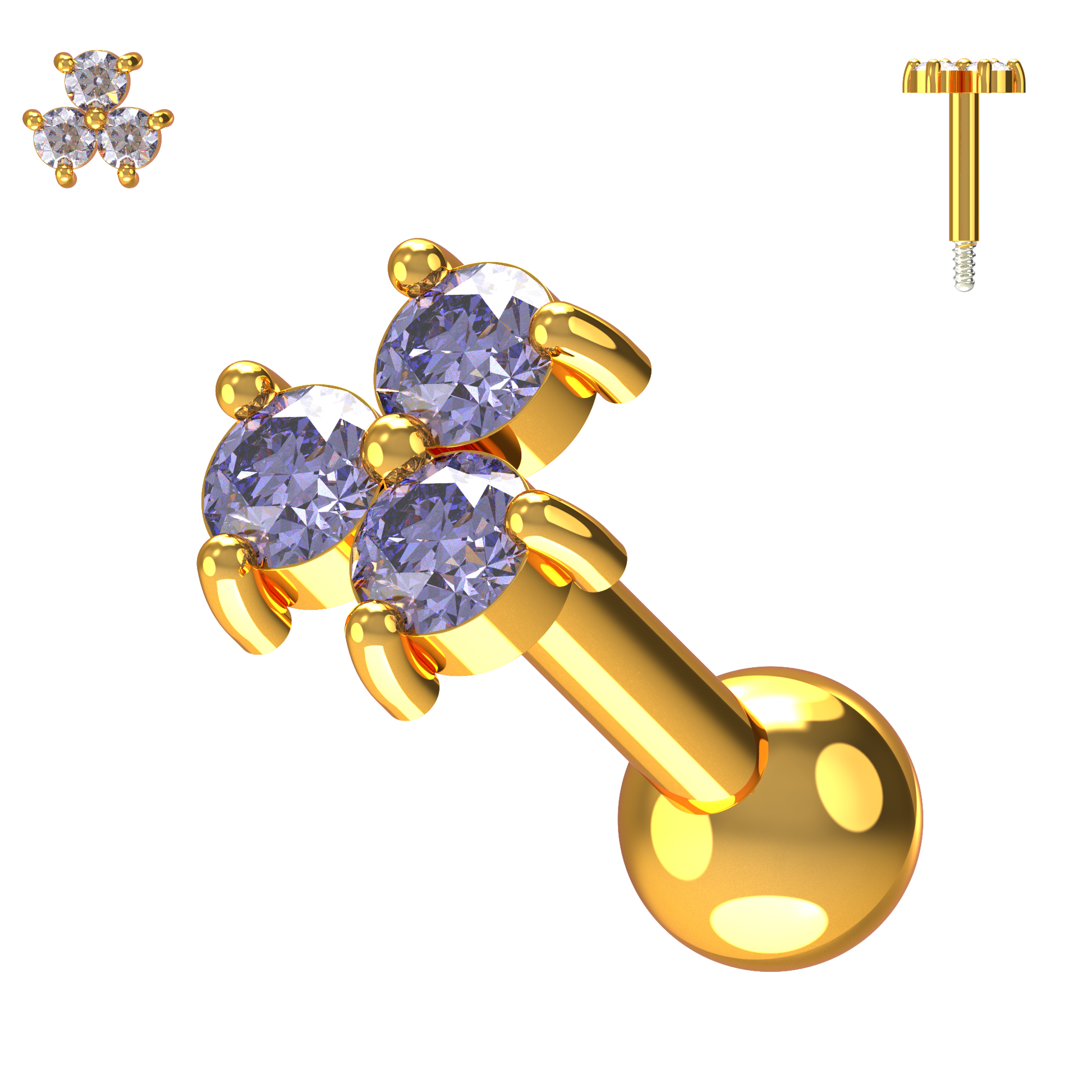 925 Sterling Silver Triple Gemstone Cartilage Ear Stud - Monster Piercing