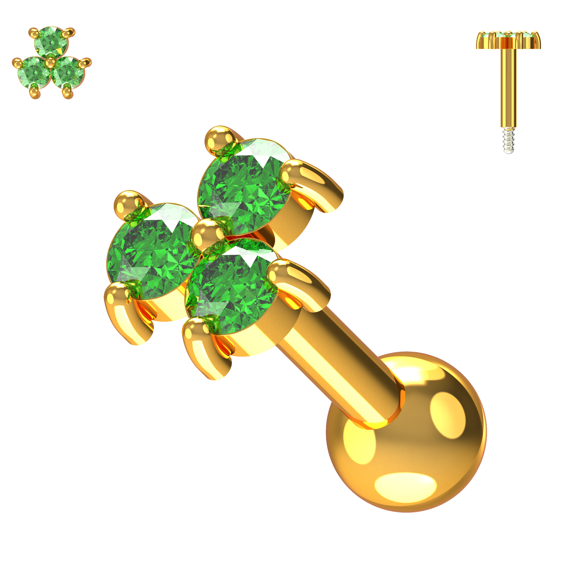 925 Sterling Silver Triple Gemstone Cartilage Ear Stud - Monster Piercing