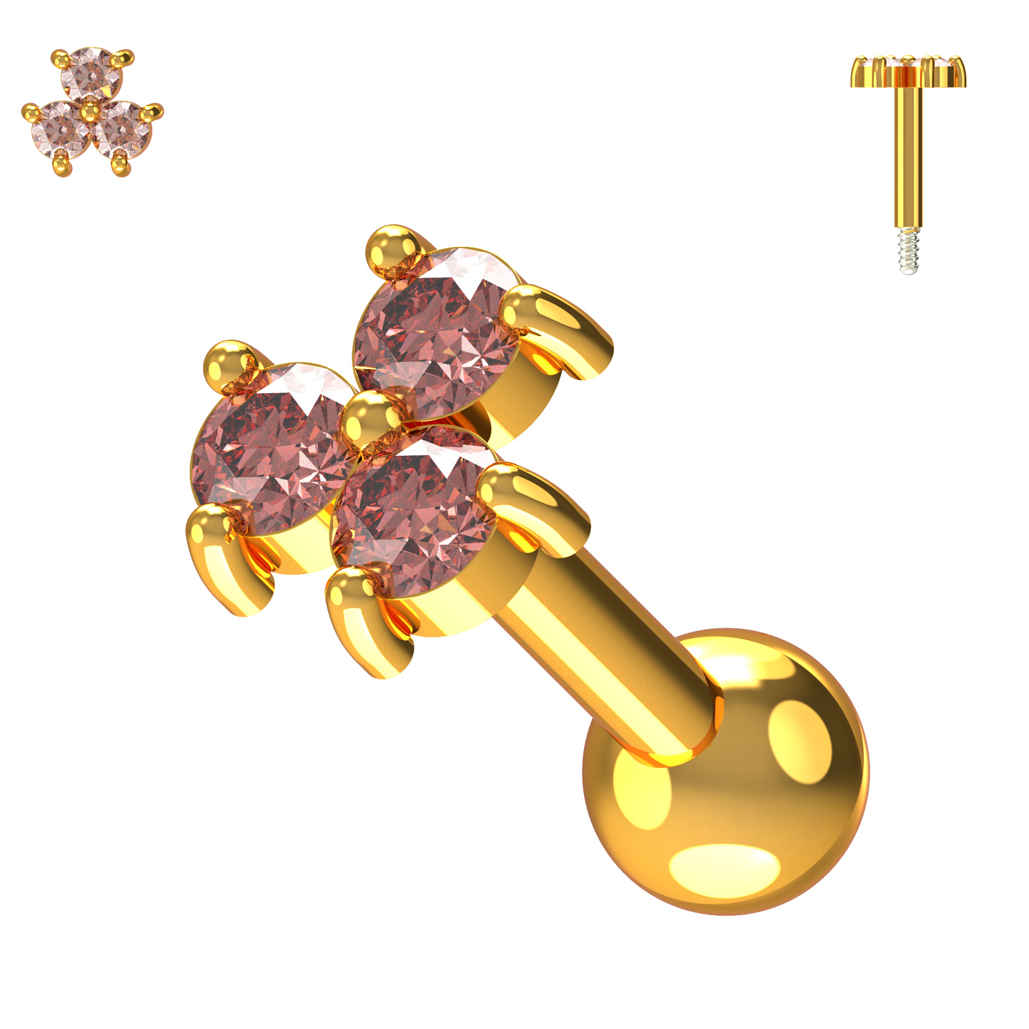 925 Sterling Silver Triple Gemstone Cartilage Ear Stud - Monster Piercing