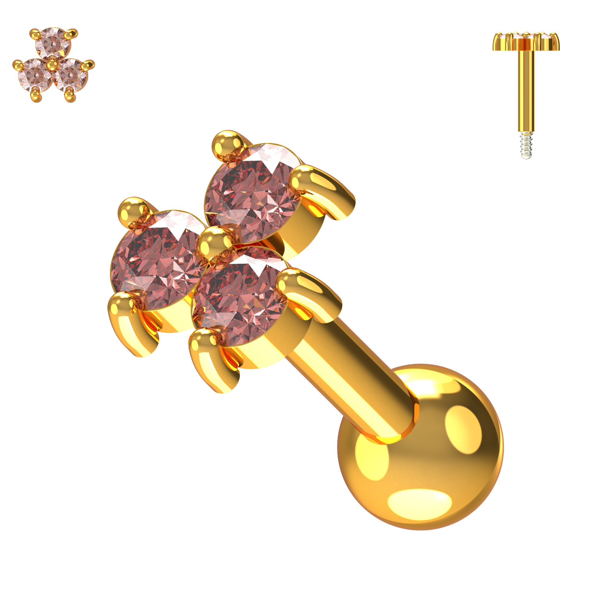 925 Sterling Silver Triple Gemstone Cartilage Ear Stud - Monster Piercing