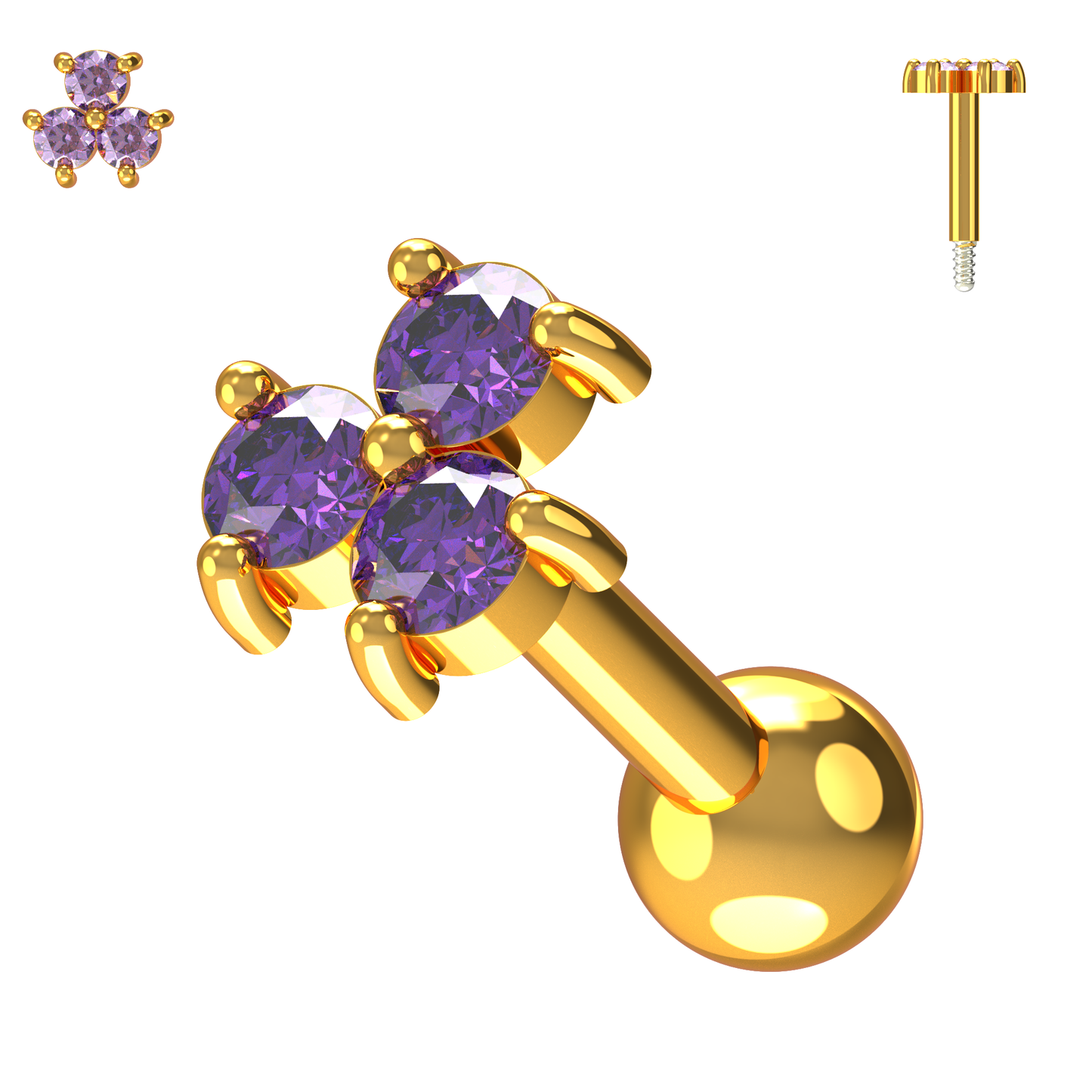 925 Sterling Silver Triple Gemstone Cartilage Ear Stud - Monster Piercing