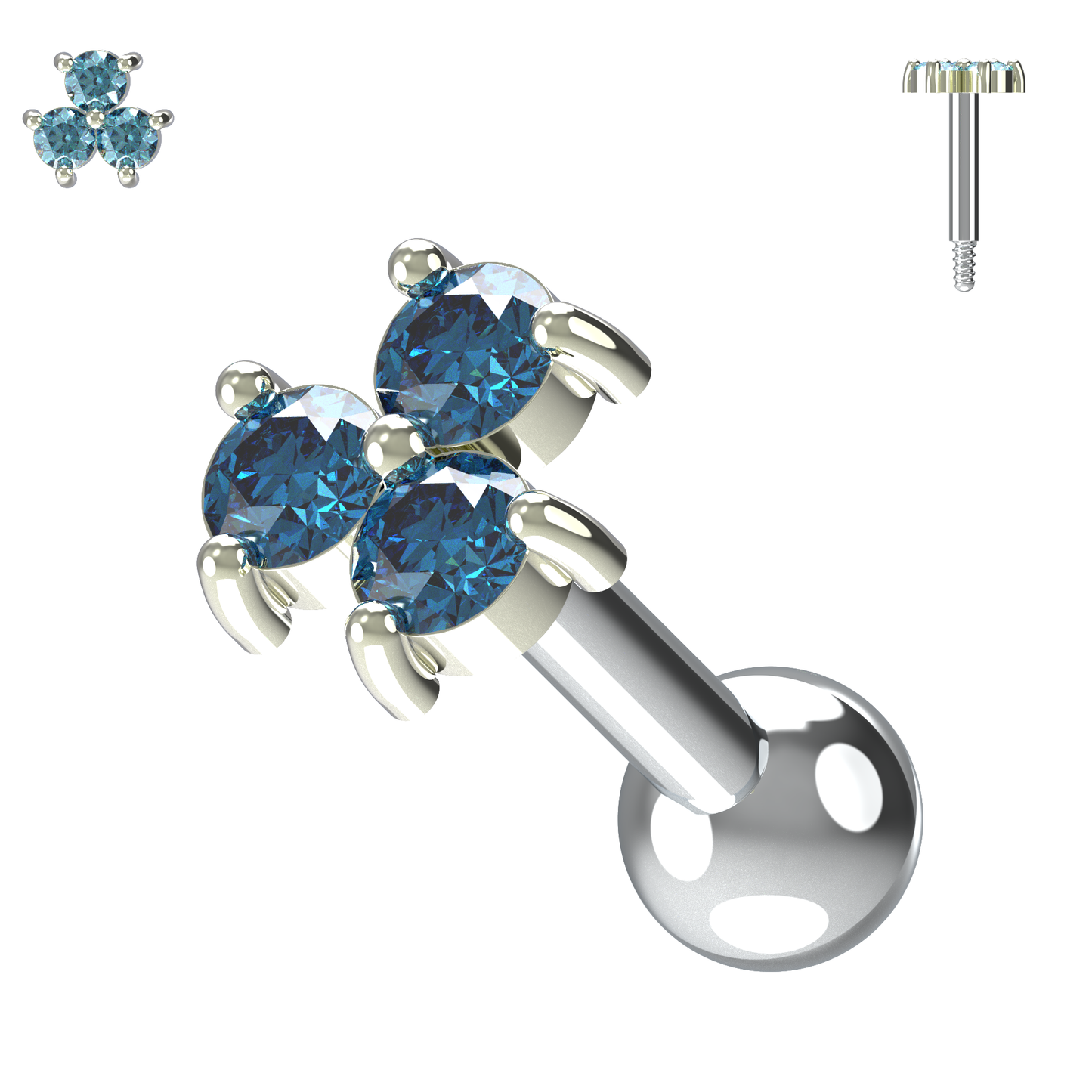 925 Sterling Silver Triple Gemstone Cartilage Ear Stud - Monster Piercing