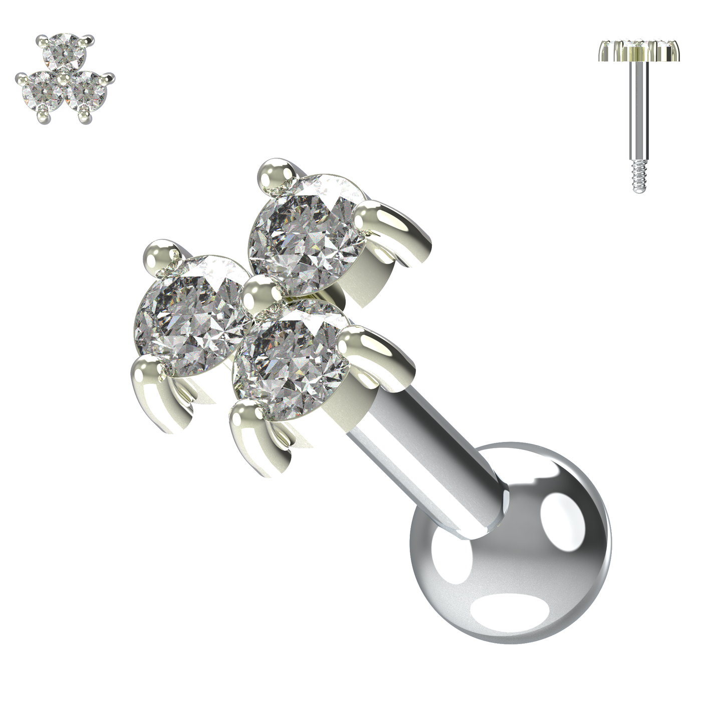 925 Sterling Silver Triple Gemstone Cartilage Ear Stud - Monster Piercing