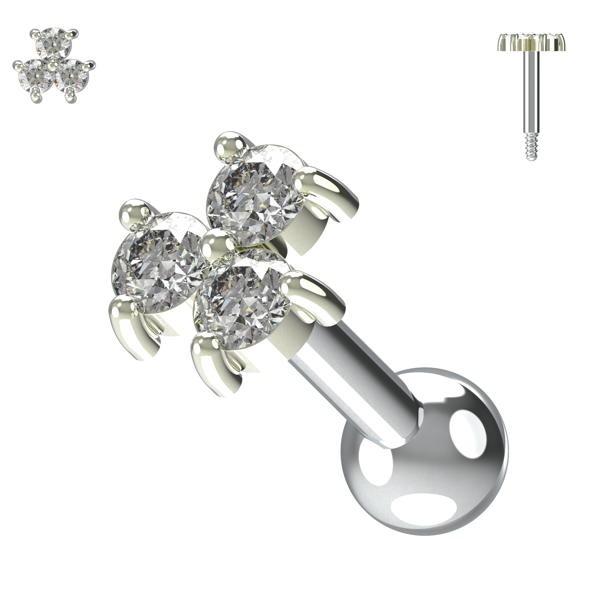 925 Sterling Silver Triple Gemstone Cartilage Ear Stud - Monster Piercing