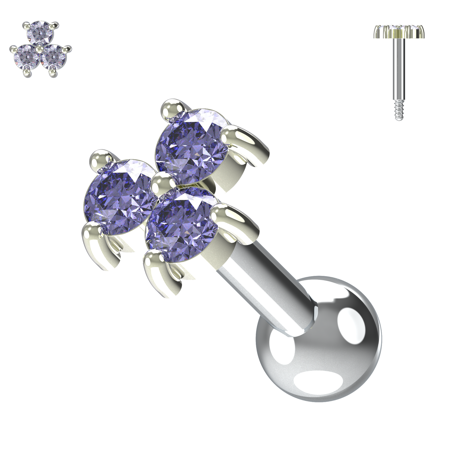 925 Sterling Silver Triple Gemstone Cartilage Ear Stud - Monster Piercing