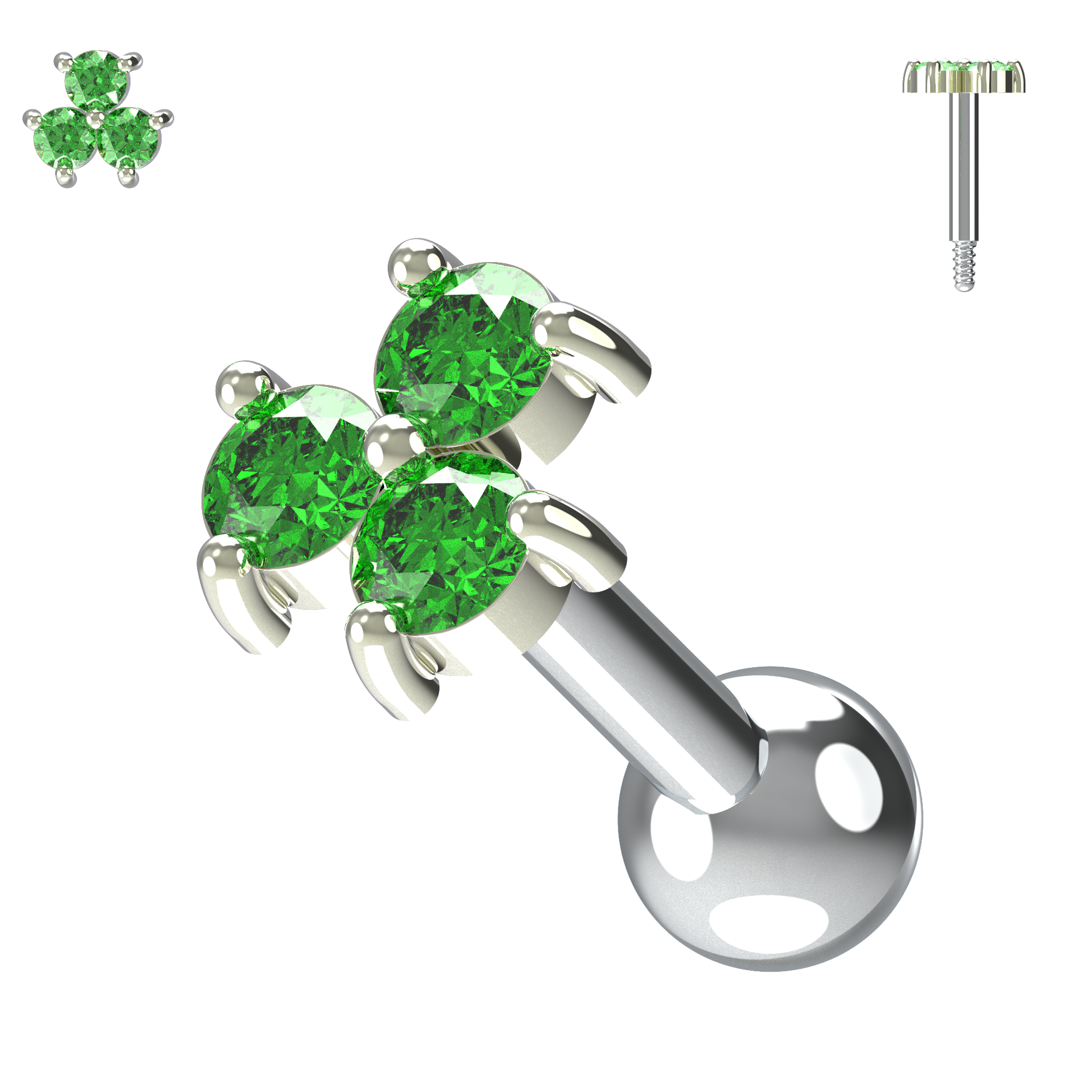 925 Sterling Silver Triple Gemstone Cartilage Ear Stud - Monster Piercing