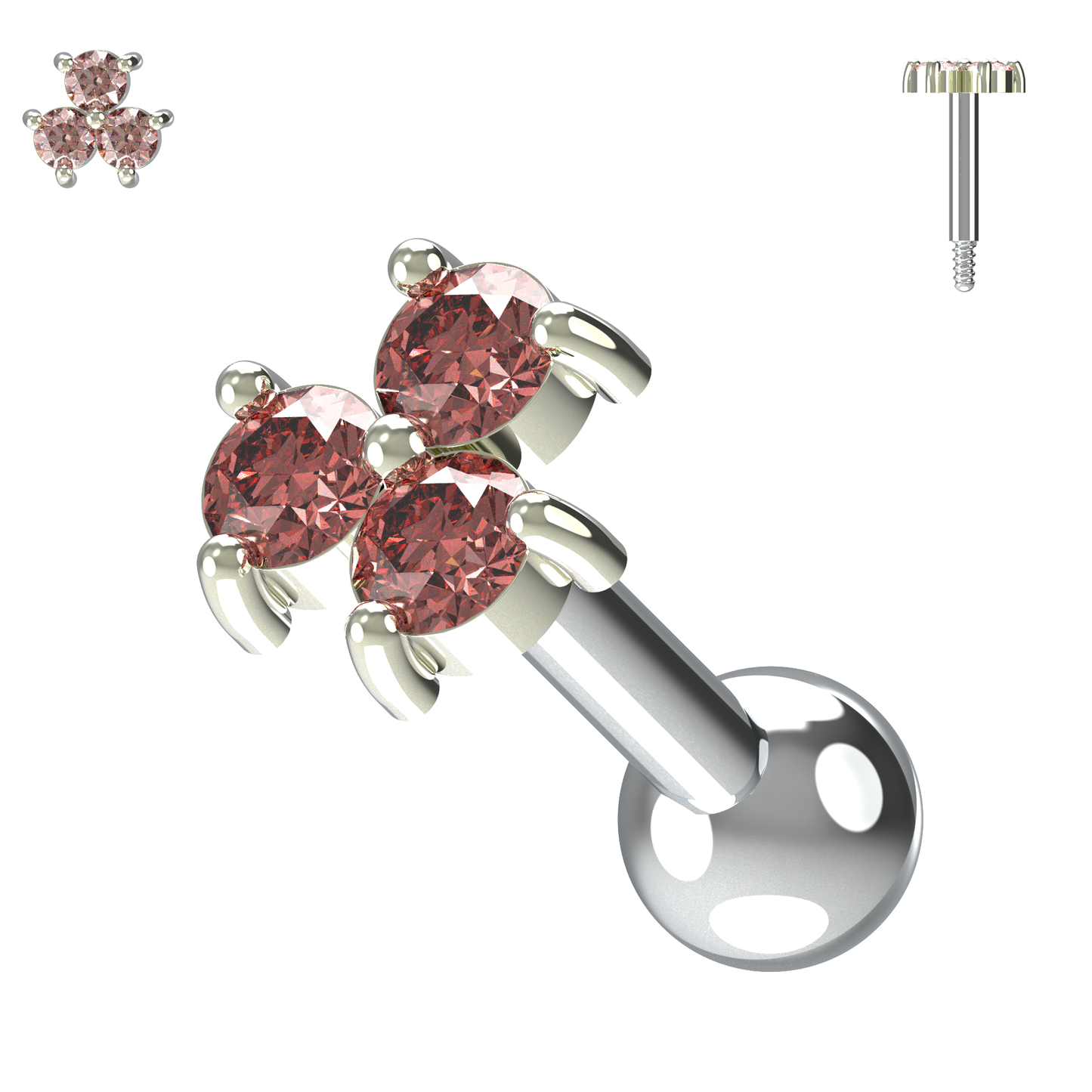 925 Sterling Silver Triple Gemstone Cartilage Ear Stud - Monster Piercing