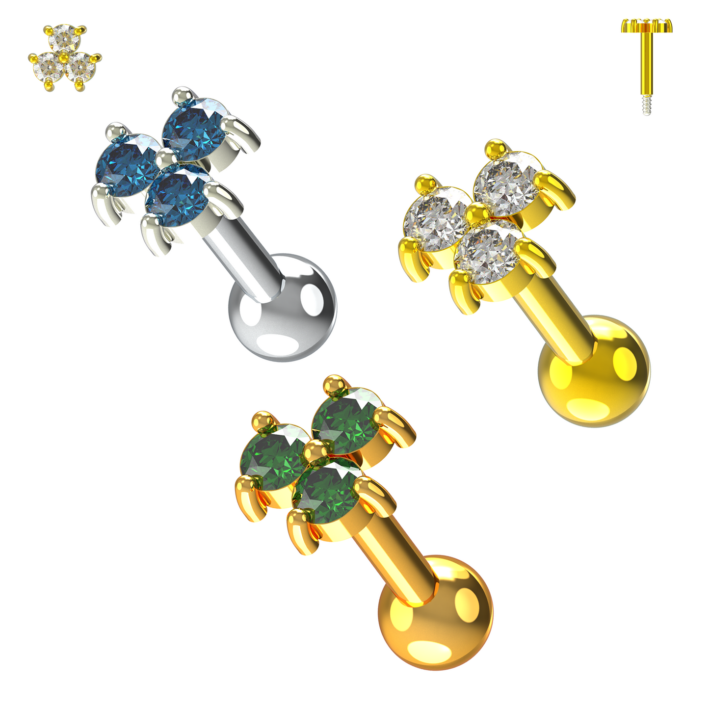 925 Sterling Silver Triple Gemstone Cartilage Ear Stud - Monster Piercing