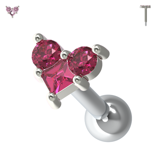 925 Sterling Silver Trinity Heart Jewelled Cartilage Ear Stud - Monster Piercing