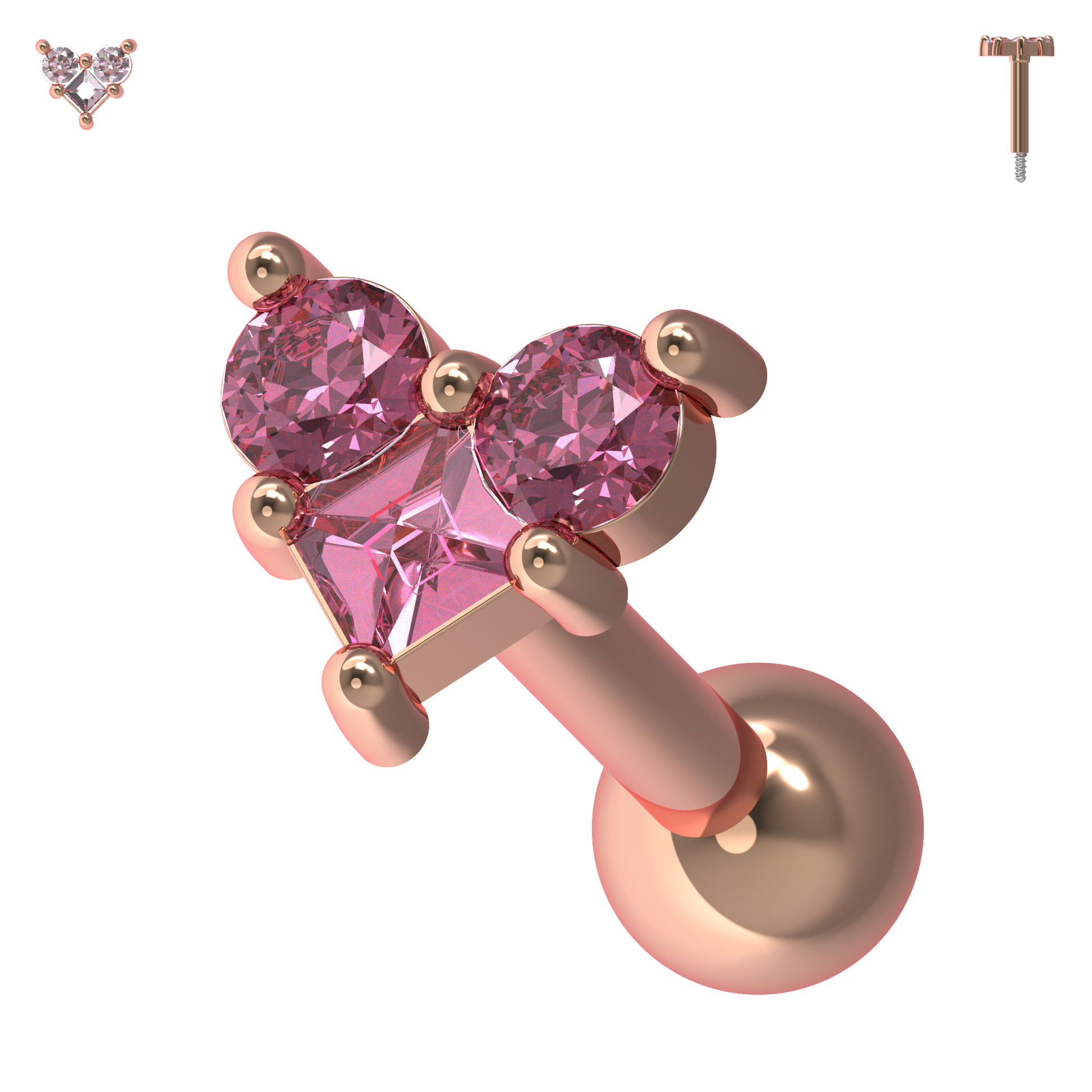 925 Sterling Silver Trinity Heart Jewelled Cartilage Ear Stud - Monster Piercing