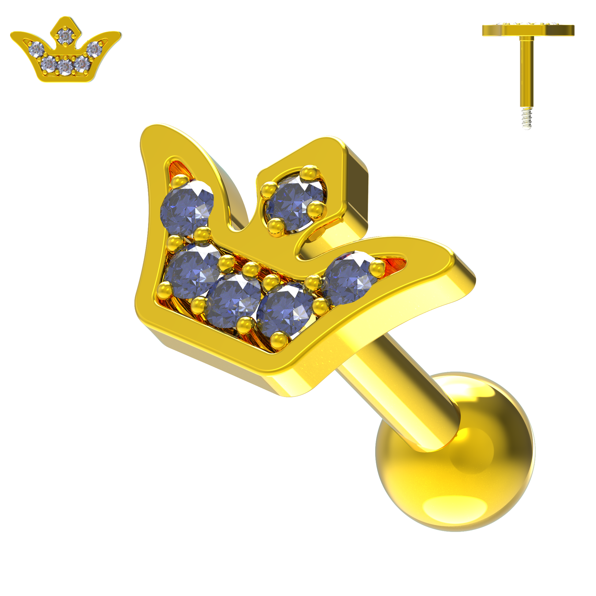 925 Sterling Silver Jewelled Crown Cartilage Stud - Monster Piercing