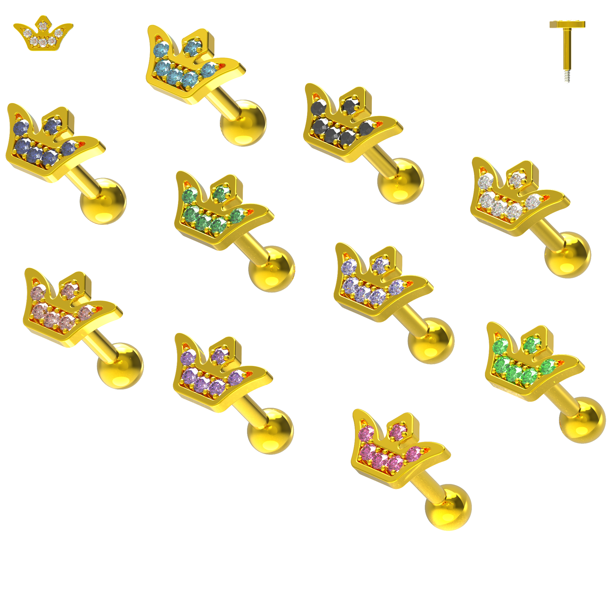 925 Sterling Silver Jewelled Crown Cartilage Stud - Monster Piercing