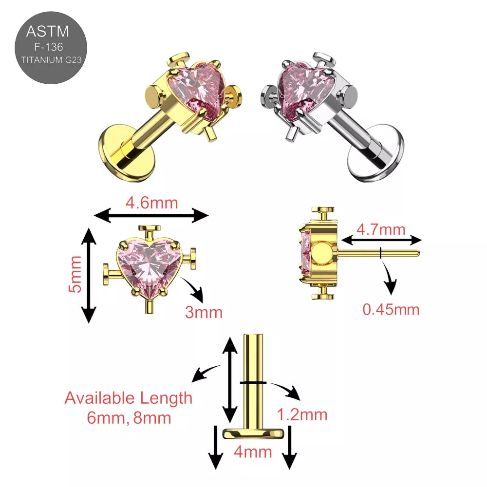 Detailed size chart of G23 titanium pink heart threadless labret stud, showing measurements and available lengths for body jewelry fit.