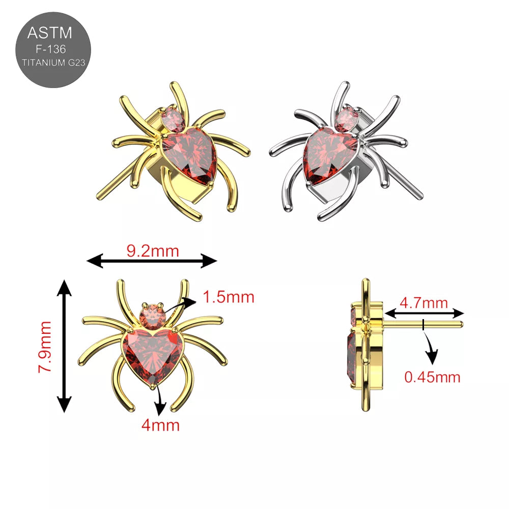 Detailed dimensions of G23 Titanium Spider Heart Threadless Accessory Top in gold and silver, with red cubic zirconia and push-fit flat back design.