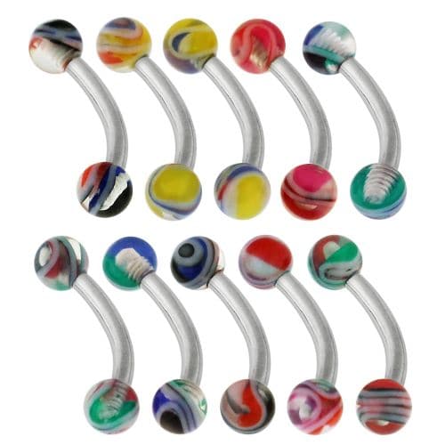 316L Surgical Steel Curved Bar with Trippy Marble UV Ball (Pack of 10) - Monster Piercing