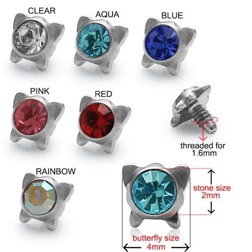 316L Surgical Steel Butterfly Jeweled Dermal Anchor Tops - Monster Piercing