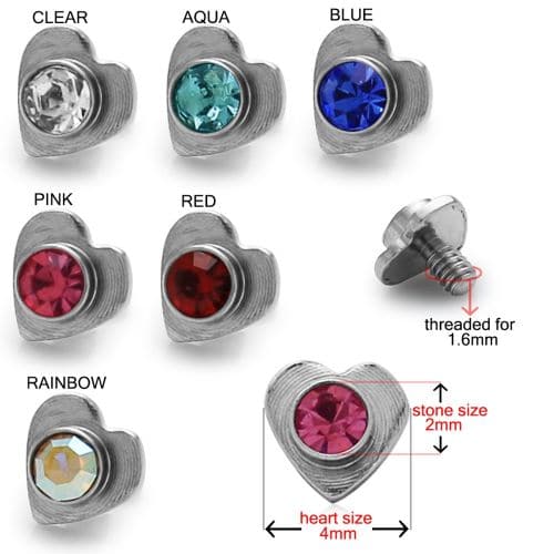 316L Surgical Steel Heart Jewelled Dermal Anchor Tops - Monster Piercing