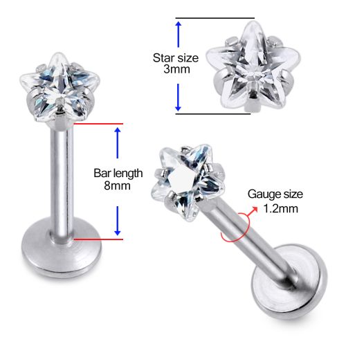 316L Surgical Steel Star Jewelled Top Labret Bar - Monster Piercing
