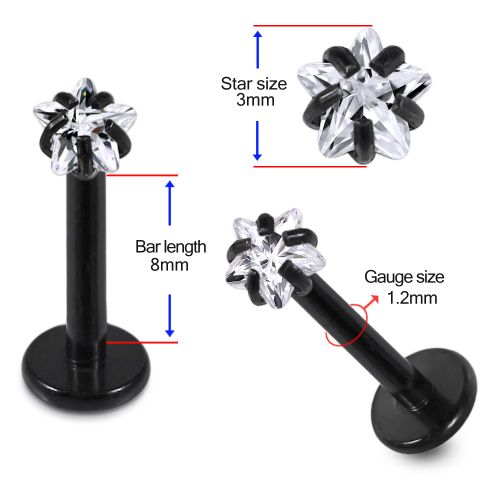 316L Surgical Steel Star stone Jewelled Top Black Anodised Labret Bar - Monster Piercing