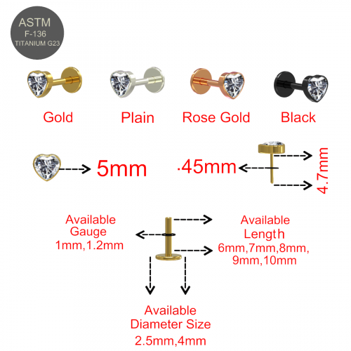 G23 Titanium Heart CZ Jewelled  Threadless Push-Fit Flatback Stud - Monster Piercing
