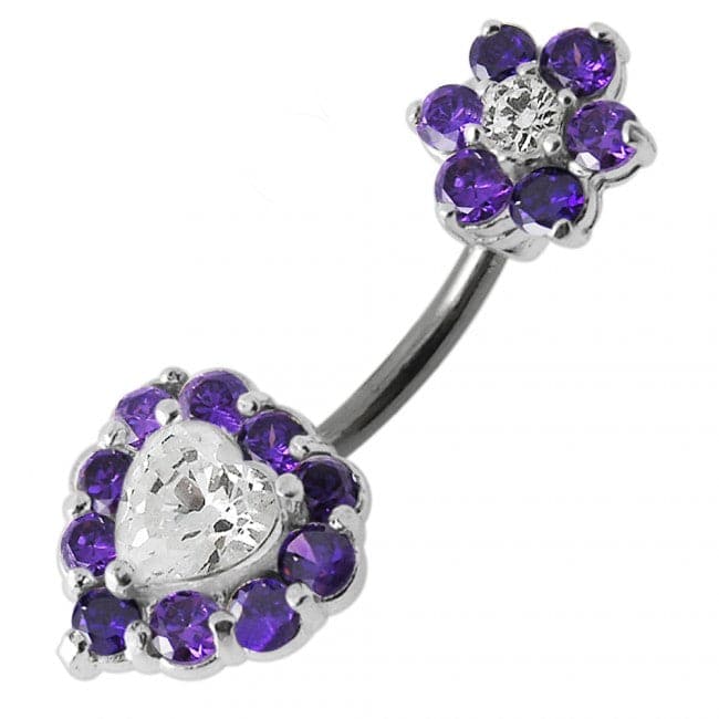 925 Sterling Silver Jewelled Heart & Flower Spinal Belly Button Ring - Monster Piercing