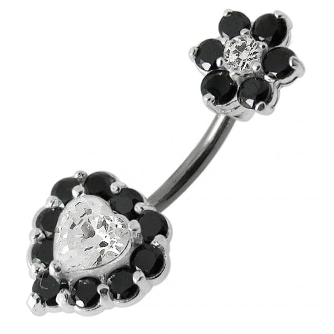 925 Sterling Silver Jewelled Heart & Flower Spinal Belly Button Ring - Monster Piercing