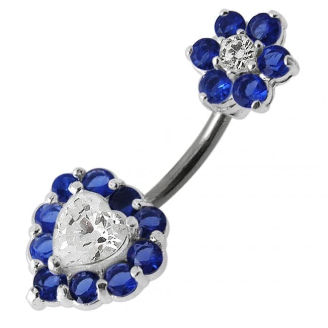 925 Sterling Silver Jewelled Heart & Flower Spinal Belly Button Ring - Monster Piercing