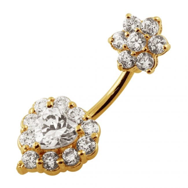 925 Sterling Silver Jewelled Heart & Flower Spinal Belly Button Ring - Monster Piercing