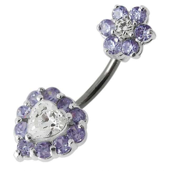 925 Sterling Silver Jewelled Heart & Flower Spinal Belly Button Ring - Monster Piercing