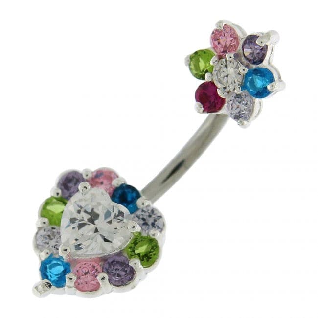925 Sterling Silver Jewelled Heart & Flower Spinal Belly Button Ring - Monster Piercing