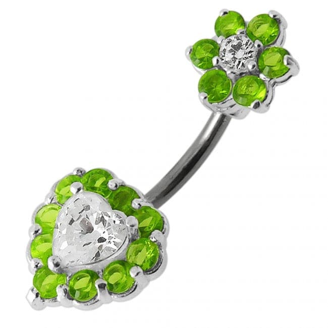 925 Sterling Silver Jewelled Heart & Flower Spinal Belly Button Ring - Monster Piercing