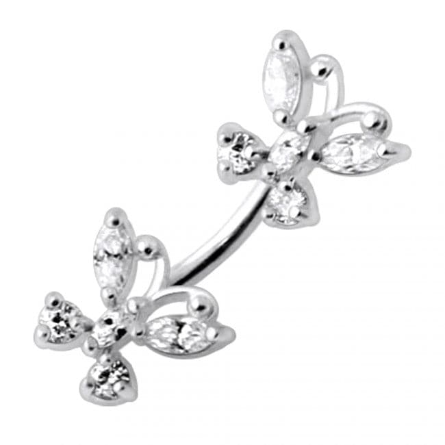 925 Sterling Silver Jewelled Butterflies Spinal Belly Ring - Monster Piercing