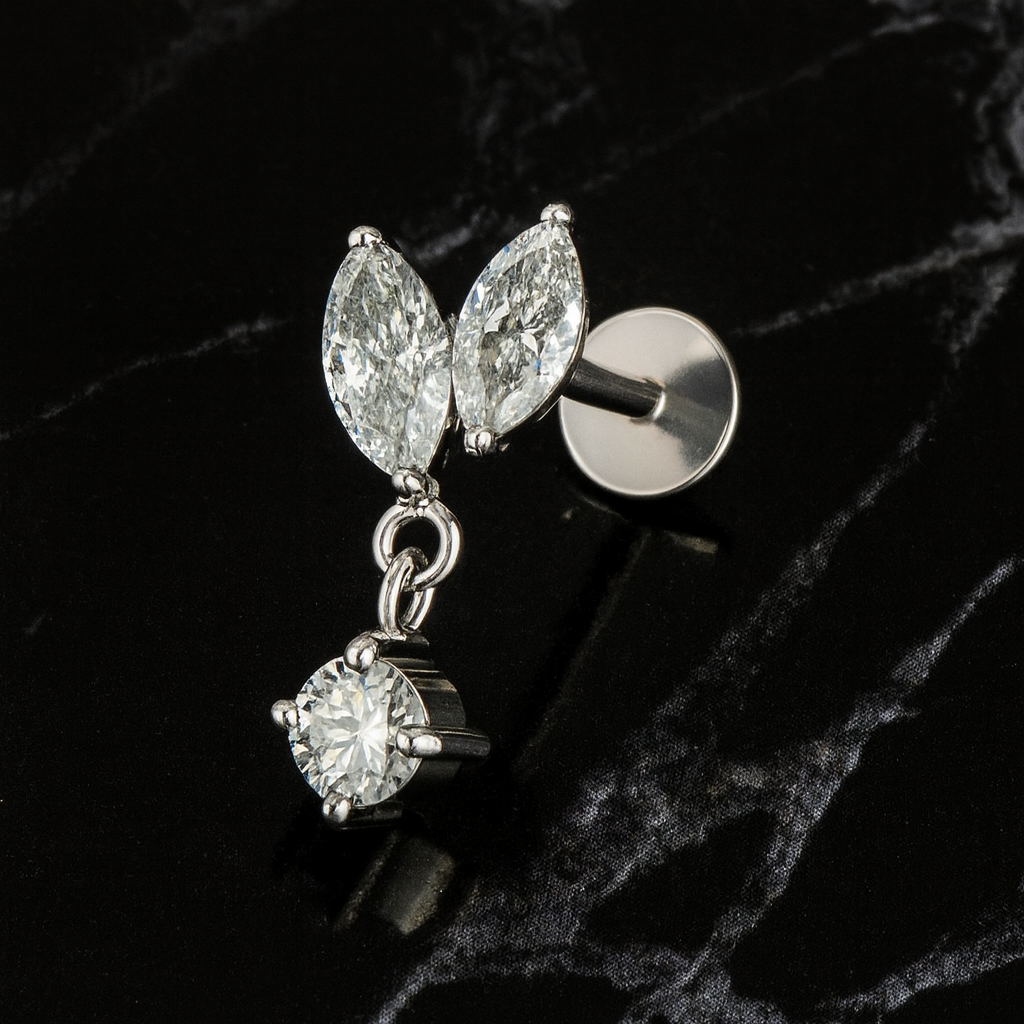 G23 Titanium Marquise & Round CZ Dangle Labret Stud - Monster Piercing