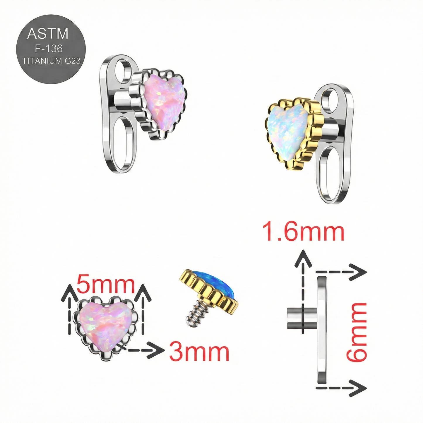 G23 Titanium Opal Heart Jewelled Dermal Anchor