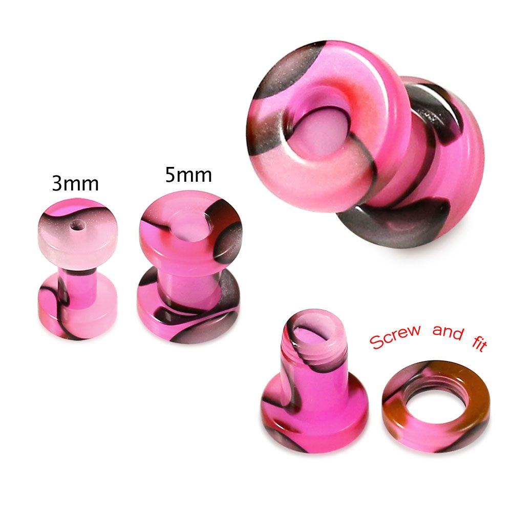 UV Pink & Black External Screw Fit Flesh Tunnel - Monster Piercing