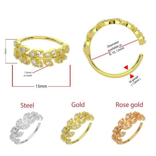 316L Surgical Steel CZ's Jewelled Leaves Bendable Cartilage Hoop - Monster Piercing