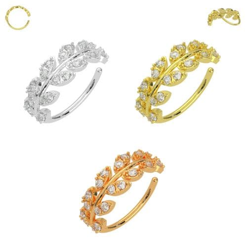 316L Surgical Steel CZ's Jewelled Leaves Bendable Cartilage Hoop - Monster Piercing