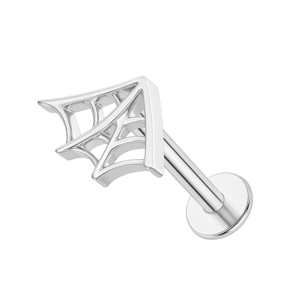 Silver G23 titanium spider web flatback stud ideal for helix or labret piercings. Durable, hypoallergenic, and perfect for edgy styling.
