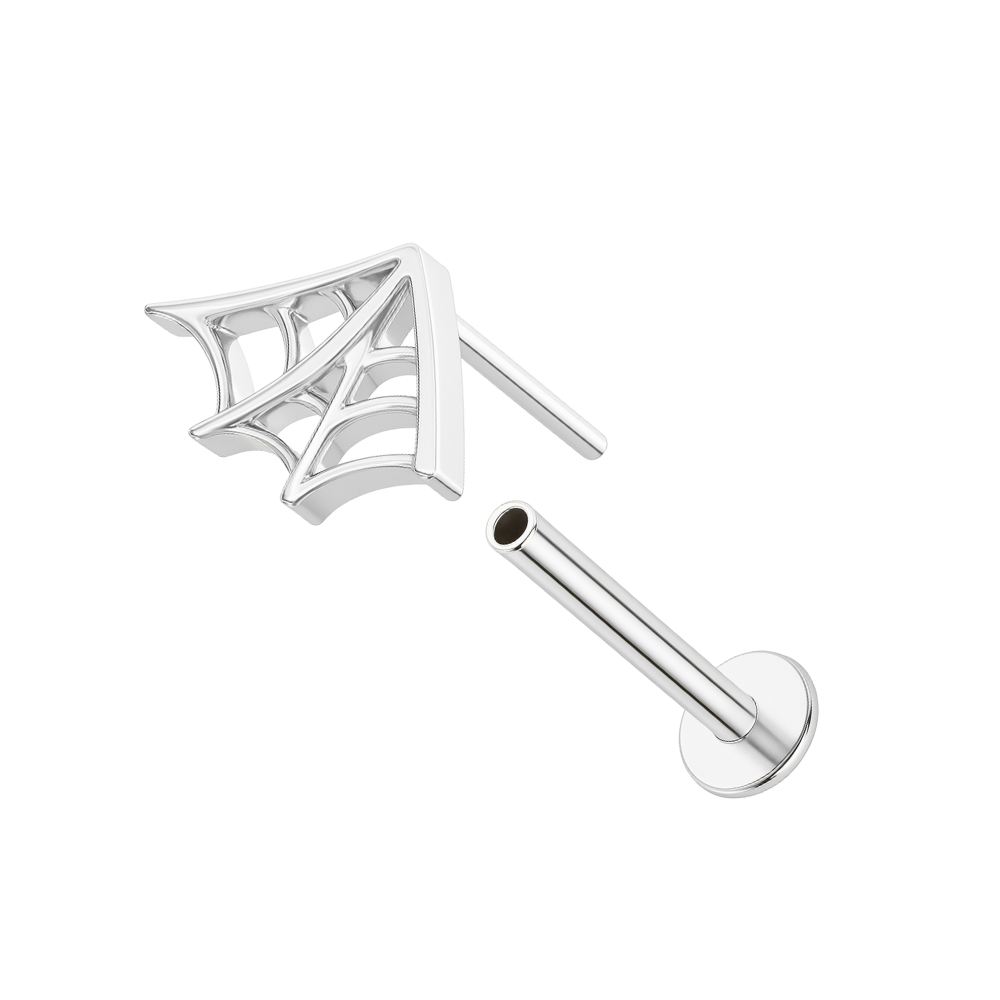 Silver G23 titanium spider web stud with removable flatback post. Ideal for Halloween-themed or everyday body jewelry wear.