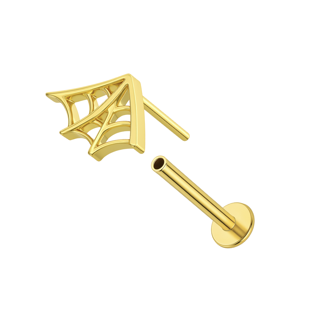 Gold G23 titanium spider web stud shown with detached push-fit flatback. Secure and stylish for cartilage or tragus piercings.