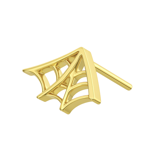 Gold G23 titanium spider web threadless top for cartilage or tragus piercings. Hypoallergenic and gothic-inspired body jewelry design.