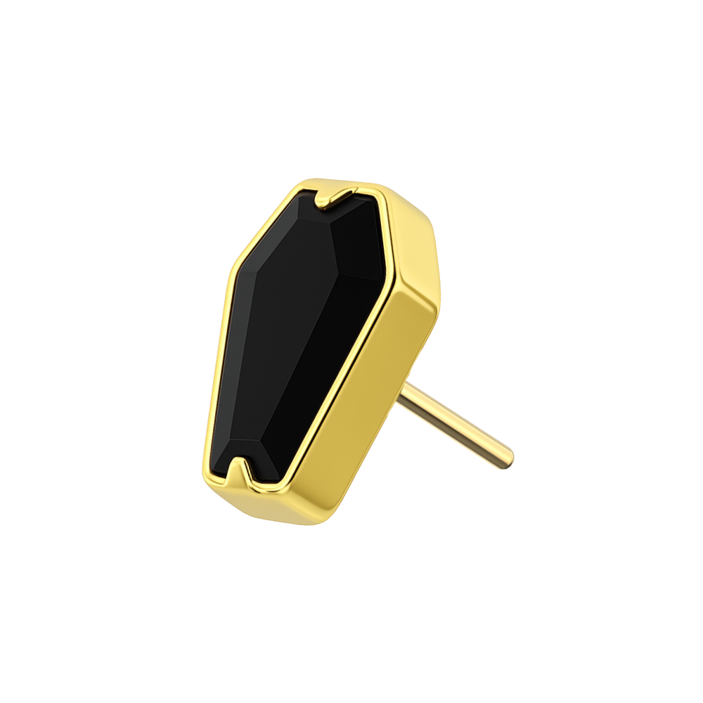 Black CZ Jewelled Coffin Threadless Top in gold G23 titanium, ideal for helix or labret piercings with a bold gothic style.