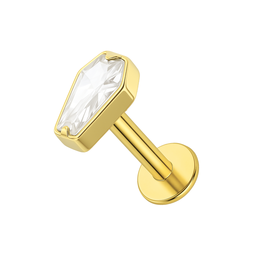 Gold G23 titanium flatback stud with clear CZ coffin gem. Lightweight, hypoallergenic body jewelry for labret or cartilage.