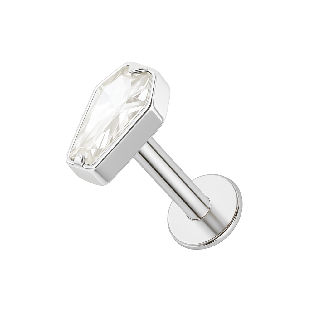 Silver G23 titanium flatback stud with clear CZ coffin-shaped stone. Elegant and durable body jewelry for cartilage or labret.