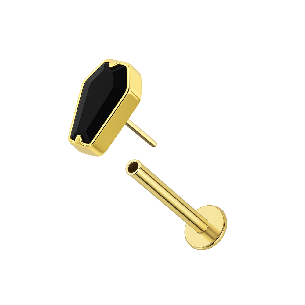 CZ Coffin Flatback Stud – G23 Titanium in gold with black cubic zirconia. Hypoallergenic push-fit jewelry for cartilage, tragus, or helix piercings.