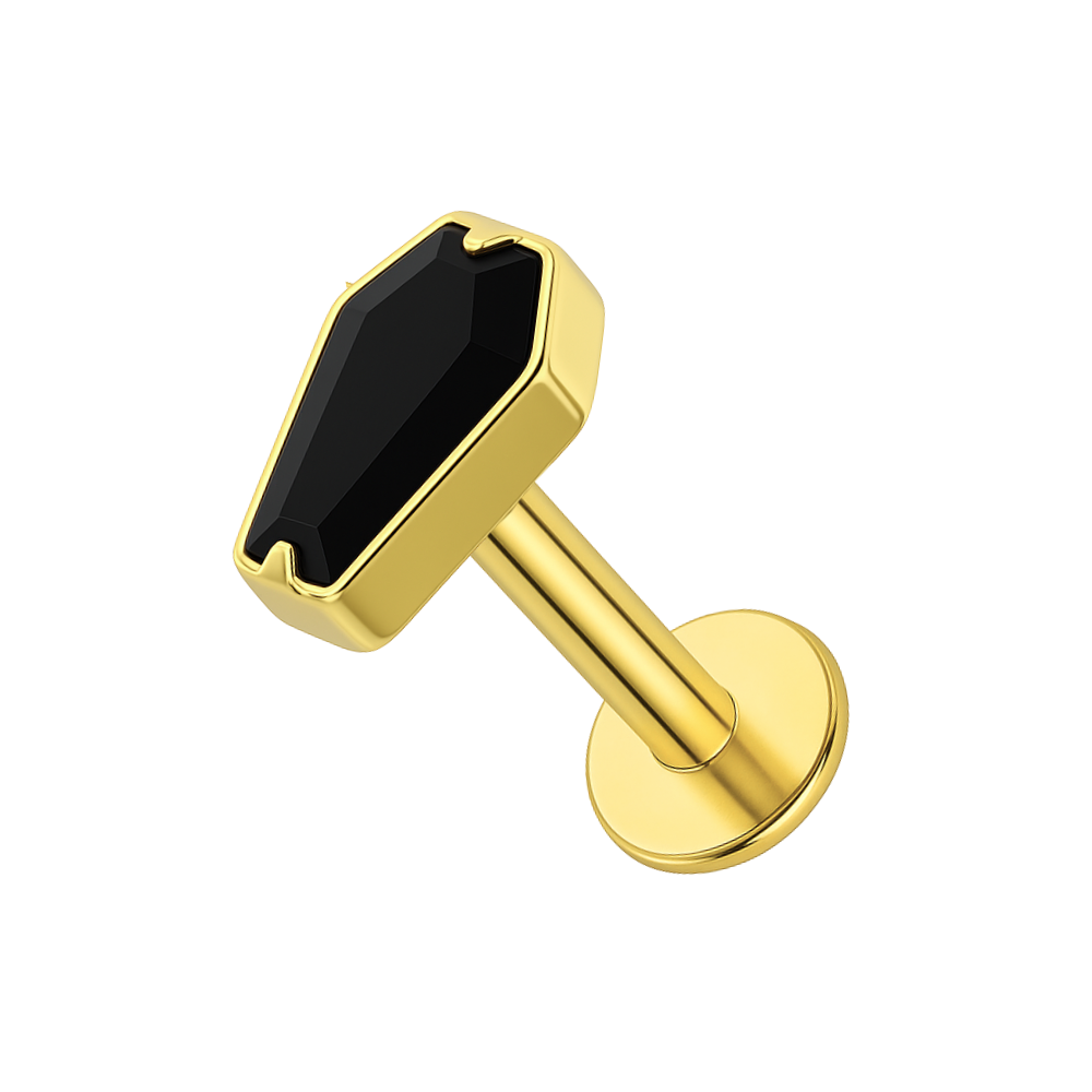 Gold G23 titanium flatback stud with black CZ coffin-shaped gem. Hypoallergenic push-fit design for cartilage or tragus piercings.