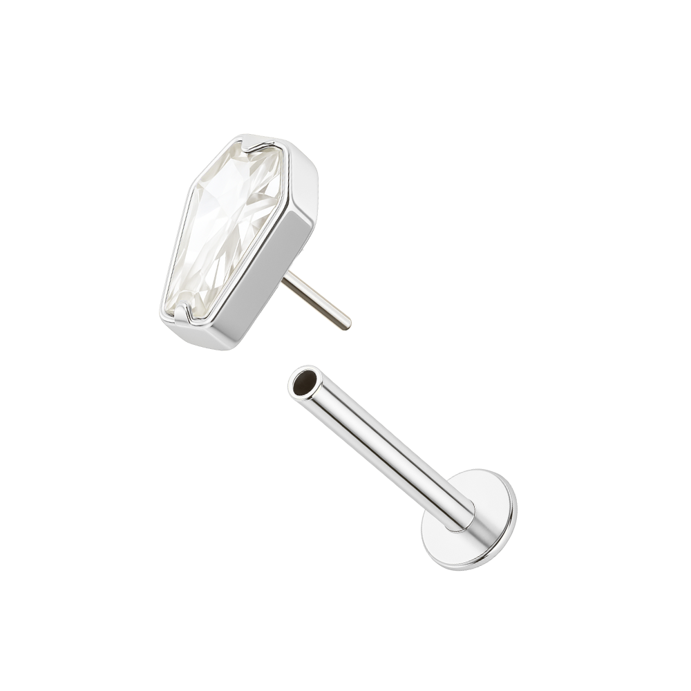 CZ Coffin Flatback Stud – G23 Titanium in silver with clear cubic zirconia. Stylish threadless stud for labrets or ear piercings.