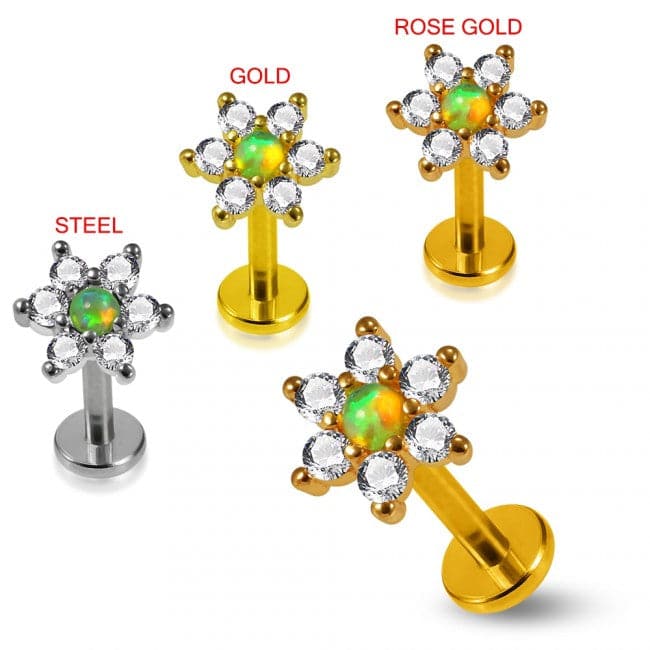 316L Surgical Steel Opal Center Flower Prong Set 6 CZ Cartilage Stud - Monster Piercing