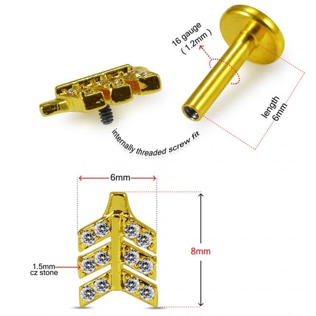 316L Surgical Steel Cartilage Helix Triple Arrow CZ Stone Cartilage Stud - Monster Piercing