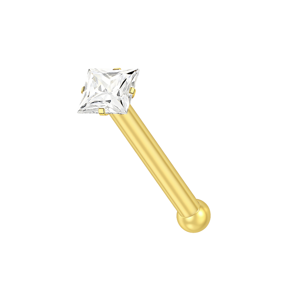 14K Gold with Square Cubic Zirconia Jewelled Nose Bone - Monster Piercing